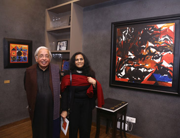 Poet & art critic Ashok Vajpayee (left) with art historian & curator Yashodhara Dalmia at the preview of Raza and His Contemporaries